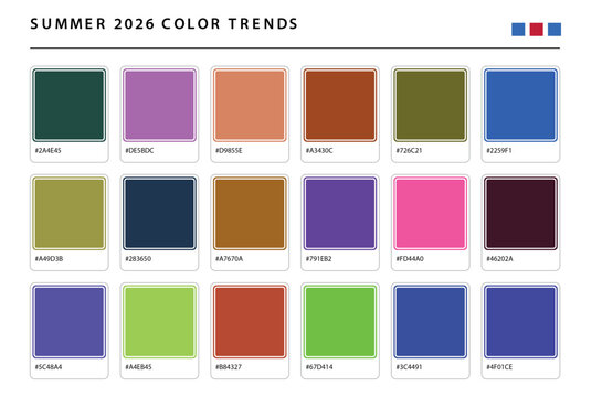 Summer 2026 color trends palette with 18 swatches. Professional seasonal color forecast guide. Modern hex code color chart for fashion and design.