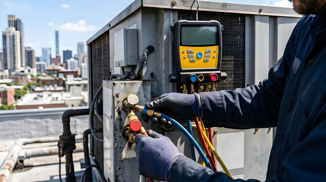 Professional HVAC technician performing maintenance on a commercial rooftop air conditioning unit using a digital manifold gauge and manifold hoses, city skyline background, cooling system repair.