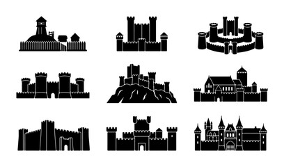 Medieval Castle Silhouettes, Fortress Icons, Historic Fortifications Collection © Roksana