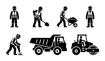 Construction Worker Icons, Heavy Machinery, Building Site Vector Set © Jashim