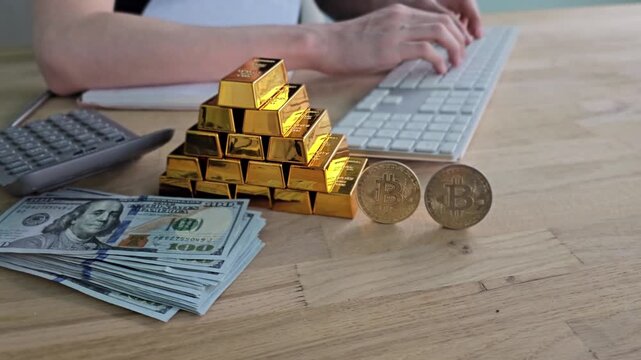Investment strategies with cash, gold, and cryptocurrency on a desk in a home office