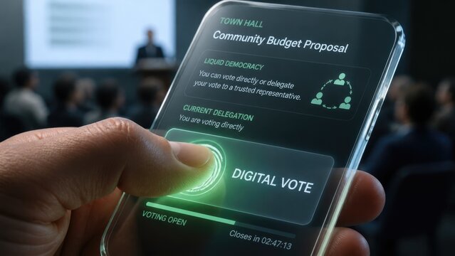 Community budget proposal event with digital voting in progress at town hall meeting