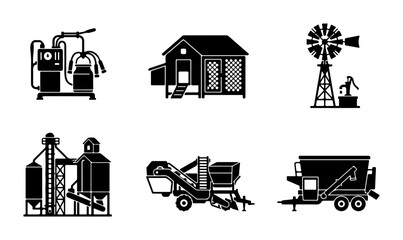 Farm Equipment Icons: Milking Machine, Coop, Windmill, Silo, Harvester, Trailer © Shahidul