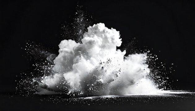 White powder exploding against dark backdrop, creating a cloud-like form with dispersed particles and dynamic textures