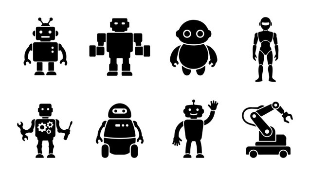 Robot Icons Set, Futuristic Android Characters, AI Technology Vector Collection