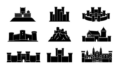 Medieval Castle Silhouettes, Fortress Icons, Historic Architecture Vector Set © Abdullah