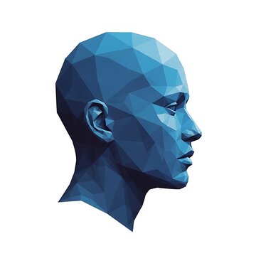 Blue low poly human head profile showing a geometric digital 3d model