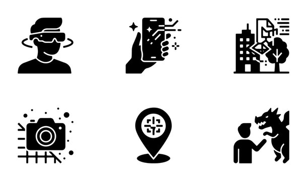 Augmented Reality Icons Set, VR Headset, Digital City, Location Pin