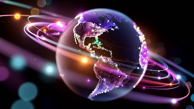 Vibrant light trails orbit a glowing globe