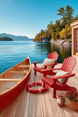 Obraz premium Red Adirondack chairs and canoe on a wooden dock overlooking a peaceful lake at sunrise
