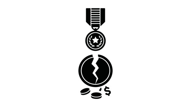 Black and white illustration depicting a military medal above a broken coin and scattered dollar coins, symbolizing financial hardship or devaluation of achievement.