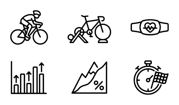 Cycling Training Icons: Indoor Bike, Heart Rate, Progress Charts, Mountain Climb, Stopwatch