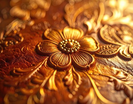 Close-up view of intricate floral embossing on textured leather.