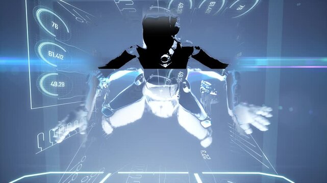 Ai robot fly over digital technology data corridor or tunnel. High tech animation for scifi themed videos