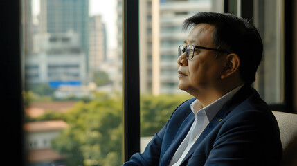Fototapeta premium Professional businessman contemplating city view from modern office window
