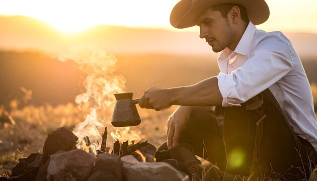 Man in cowboy hat making campfire.