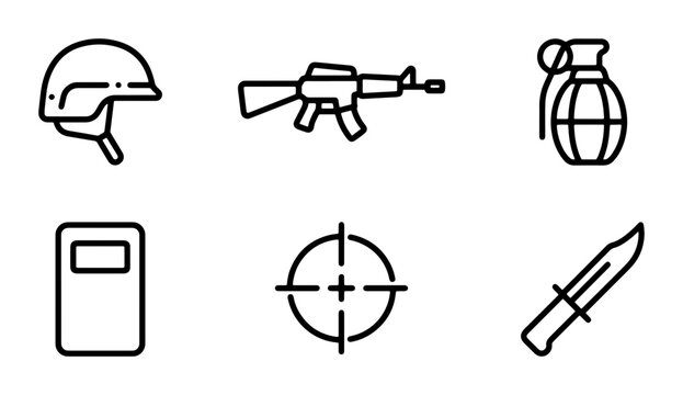 Military Icons: Helmet, Rifle, Grenade, Shield, Target, Knife Vector Set