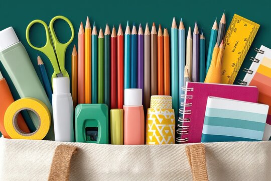 Top-down view of colorful school supplies in a light canvas backpack for back to school