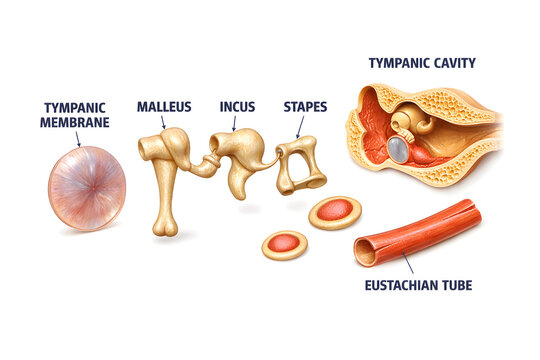 3D middle ear anatomy illustration isolated on white background with labeled auditory structures for medical education, healthcare training, and clinical reference.

