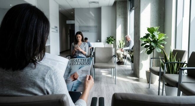 Modern Doctor Office Waiting Room With People Reading Magazines And Using Phones