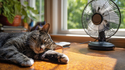 Tabby cat sleep beside air fan on window sill on a sunny day at home © Екатерина Чумаченко