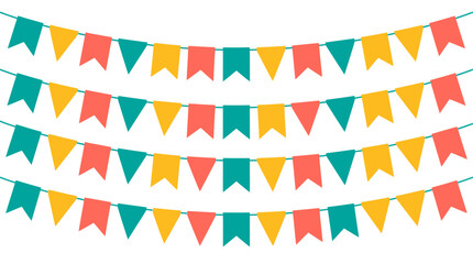 Obraz premium Colorful horizontal strings of pennant flags in teal, yellow and coral on a bright white background, symbolizing celebration events and festive decorations