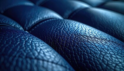 Fototapeta premium Close-up view of the texture of a dark blue quilted leather surface.