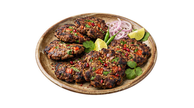 Traditional Chapli Kabab platter, grilled minced meat patties with spices, authentic Pakistani and Pashtun cuisine served with lemon and onion isolated PNG with Transparent Background