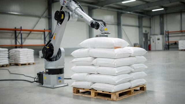Medium shot of a programmable singlearm robot precisely stacking fertilizer bags onto a pallet in a clean industrial warehouse setting