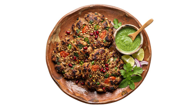 Traditional Chapli Kabab platter, spicy minced meat patties with green chutney, authentic Pakistani and Indian cuisine on rustic clay plate isolated PNG with Transparent Background