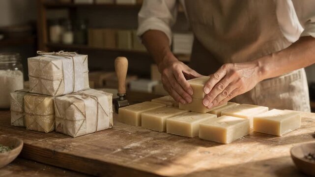 Medium shot of an artisan pressing custom logos onto individual bars of handmade soap before wrapping them delicately in decorative paper for boutique packaging