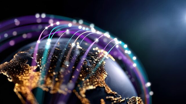 Glowing fiber strands wrap around a reflective globe