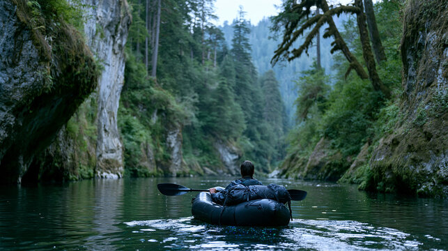 Packrafter paddling silently through overhanging old growth forest canyon at dusk, bioluminescent water reflection below packraft hull, limestone walls rising vertically, no sound implied in stillne