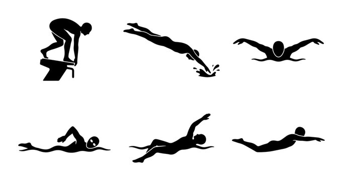 Swimming Silhouettes: Dive, Freestyle, Butterfly, Backstroke, Breaststroke, Finish