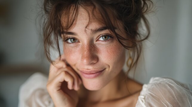 A close-up of a young woman with a radiant smile and freckles, exuding natural beauty and warmth, capturing the essence of joy and confidence in her candid expression.