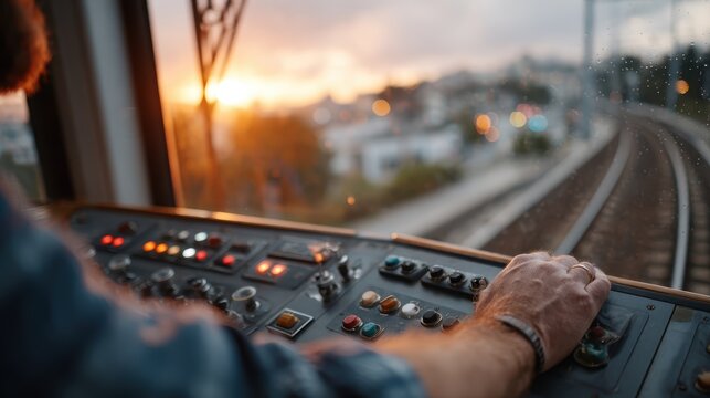 A train operator skillfully manages controls amidst a stunning sunset backdrop, representing responsibility, precision, and the beauty of working in a dynamic transportation environment.