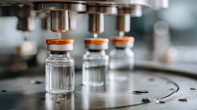 A close-up of vials being filled in a sterile environment highlights the precision and technology involved in pharmaceutical manufacturing and quality control.