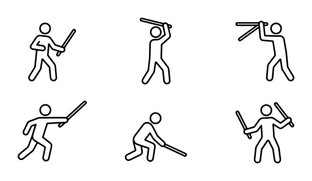 Martial Arts Stick Fighting Poses, Combat Training Icons, Dynamic Action Figures