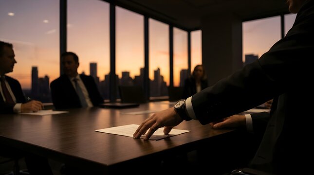 Business professionals sitting at a boardroom table discussing important documents during a sunset city skyline meeting