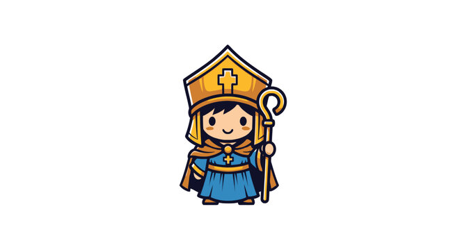 Cartoon bishop character in gold hat.