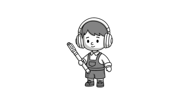 Cartoon boy with chainsaw and headphones.