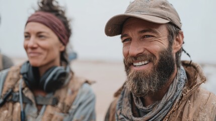 Obraz premium Two adventurous individuals smile broadly, showcasing joy and camaraderie while exploring a rugged landscape, highlighting the spirit of adventure and teamwork.