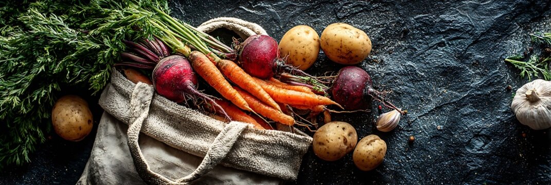 Organic root vegetables including fresh carrots, beets, and potatoes spilling out of reusable linen bag on dark rustic stone background for sustainable cooking concept