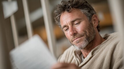 Fototapeta premium A thoughtful man immersed in reading, capturing the essence of reflection and solitude, framed by natural light enhancing the emotive atmosphere and depth of the moment.