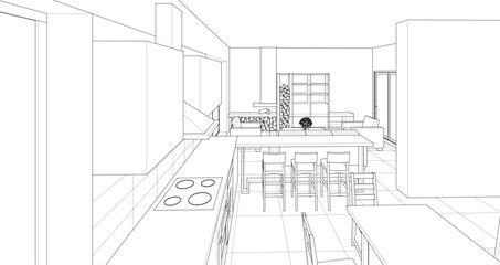 Fototapeta premium interior kitchen living room 3d illustration