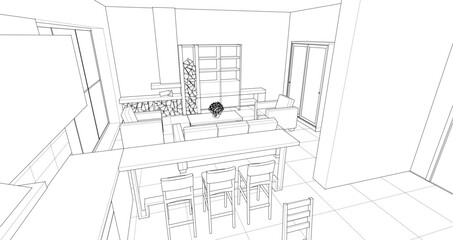 Fototapeta premium interior kitchen living room 3d illustration