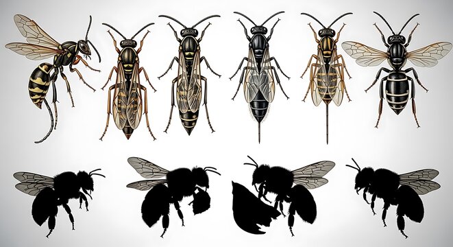 Wasp and hornet insect collection, detailed biological illustrations of stinging insects, black silhouettes of flying wasps and bees