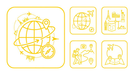 Global Travel Icons: World Map, Airplane, Compass, Landmarks & Adventure © siti