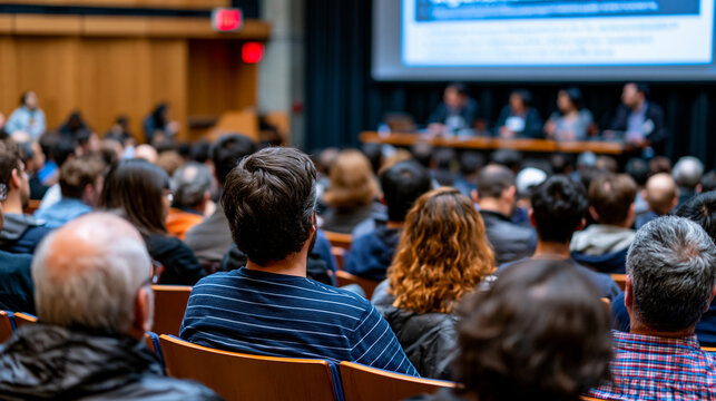 Technology ethicist on a university panel discussion stage before audience, algorithmic accountability slide projected, artificial intelligence bias policy debate in progress, academic public discou