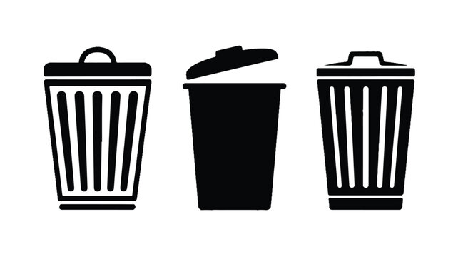 Black silhouette trash cans with lids in different positions